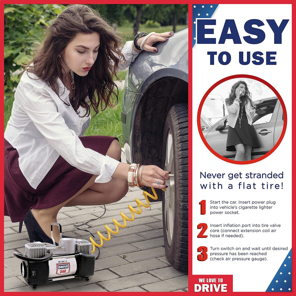 12V DC 150 PSI Portable Air Compressor & Tire Repair Kit with PSI Gauge, Adaptors, Hose, Car Plug, Clip Connectors, Tire Inflator & Tire Patch Kit I6765