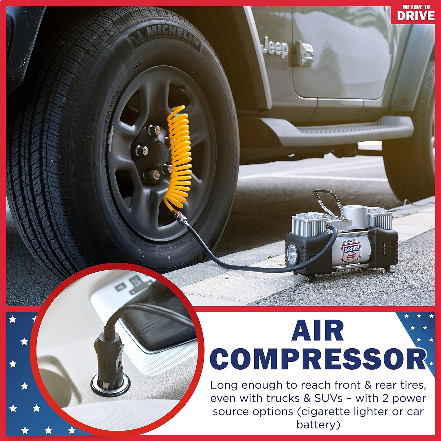 12V DC 150 PSI Portable Air Compressor & Tire Repair Kit with PSI Gauge, Adaptors, Hose, Car Plug, Clip Connectors, Tire Inflator & Tire Patch Kit I6765
