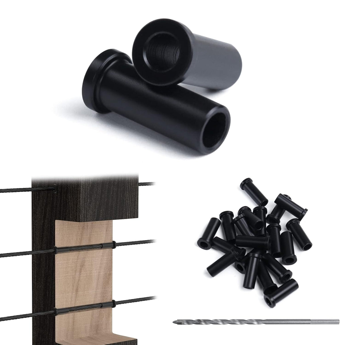 Black Cable Railing Kit Protector Sleeves Grommet for 1/8" 5/32" 3/16" Wire Rope Wood Posts Deck Stair Railing POM N438