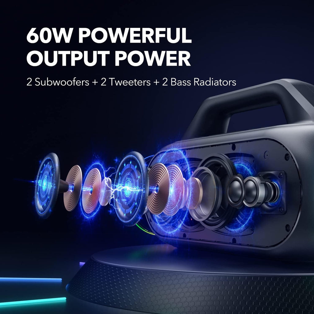 Portable Bluetooth Speaker with 2 Subwoofers, 2 Tweeters, LED Light, IPX7 Waterproof, 24H Playtime, 60W M560