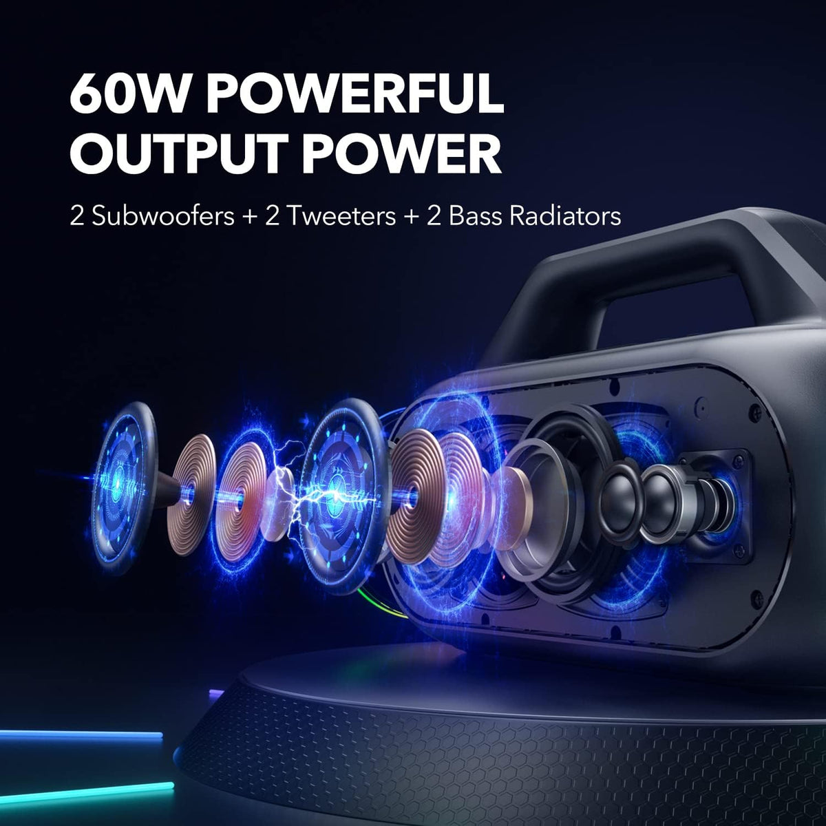 Portable Bluetooth Speaker with 2 Subwoofers, 2 Tweeters, LED Light, IPX7 Waterproof, 24H Playtime, 60W M560