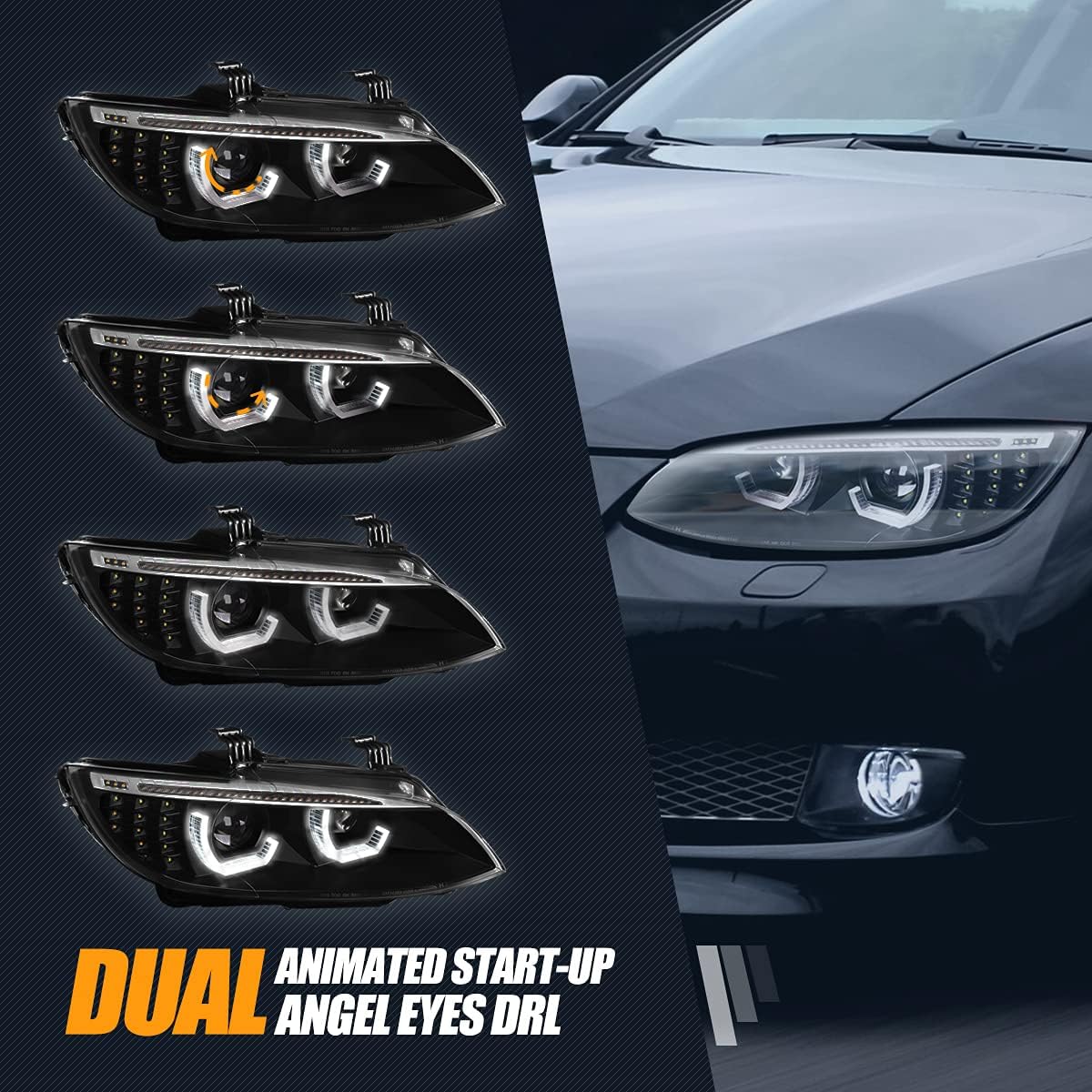 Dual LED Turn Signal Projector Headlights, Black Housing U232