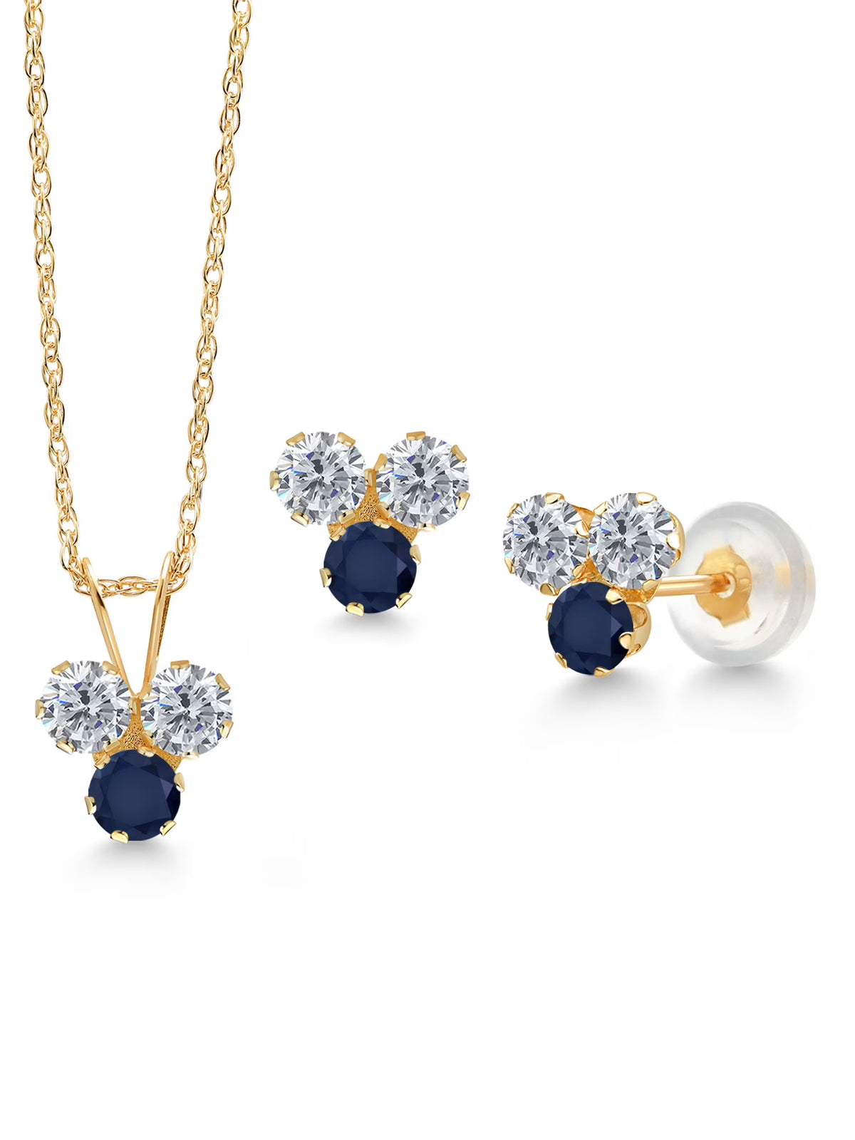 14K Yellow Gold White Diamond and Blue Sapphire 3 Stone Pendant and Earrings Jewelry Set X339744