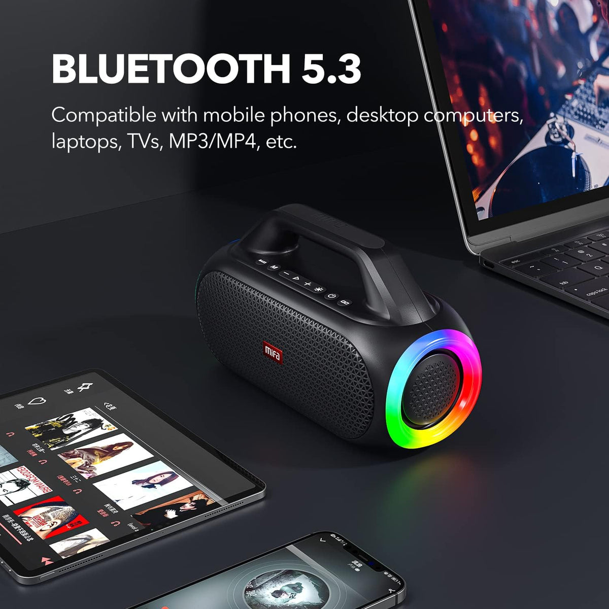 Portable Bluetooth Speaker with 2 Subwoofers, 2 Tweeters, LED Light, IPX7 Waterproof, 24H Playtime, 60W M560