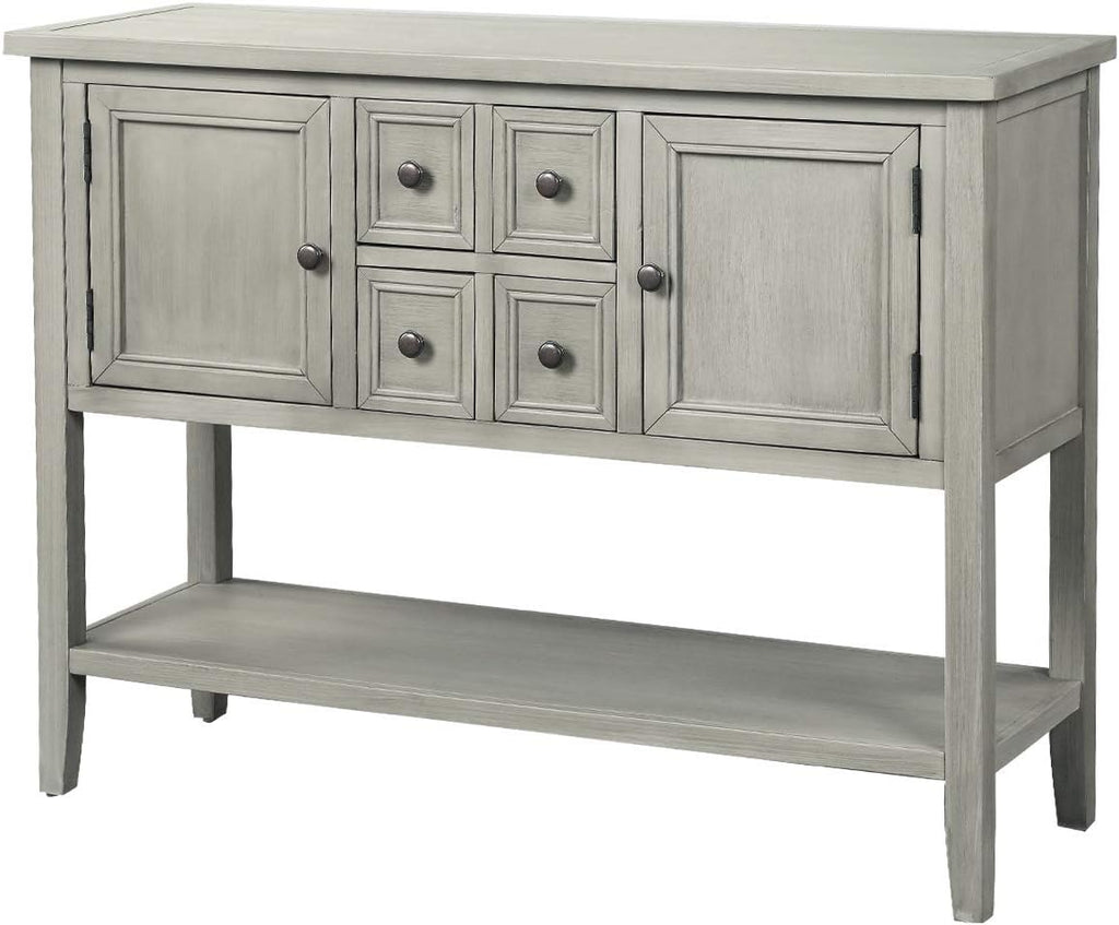 Retro Wood Console Table with 4 Storage Drawers, 2 Cabinets & Bottom Shelf, Antique Gray T59951