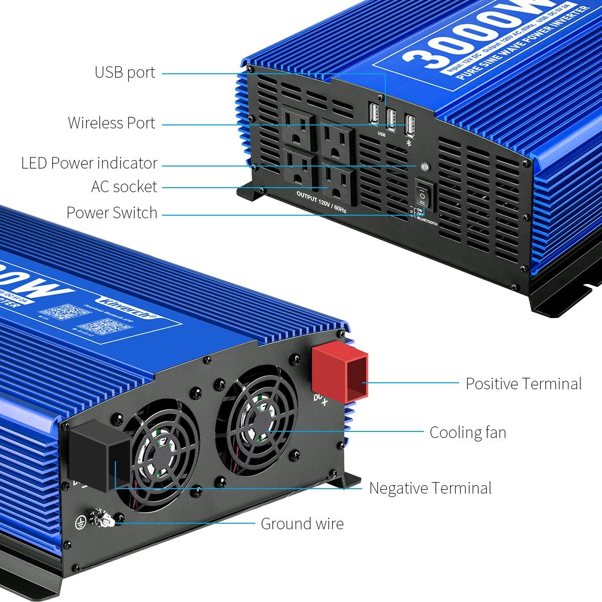 3000W Pure Sine Wave Power Inverter 12V DC to 110V AC Car Inverter with Bluetooth 4 AC Outlets 2 USB Ports E7407
