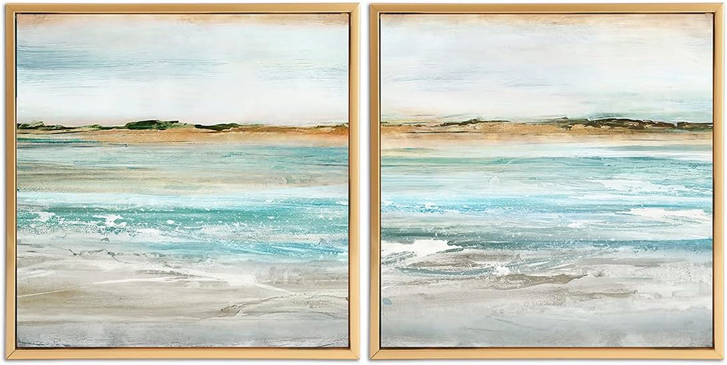 Gold Framed Linen Canvas Beach Landscape Painting 12 x 12 Set of 2 Q2983