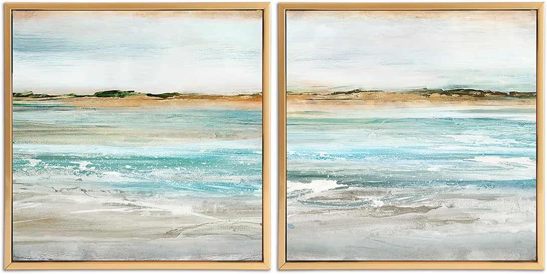 Gold Framed Linen Canvas Beach Landscape Painting 12 x 12 Set of 2 Q2983