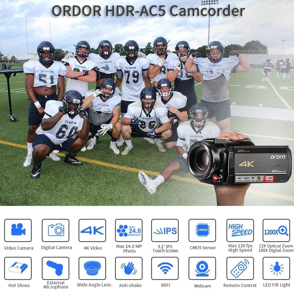 4K UHD Digital Camcorder with 12x Optical Zoom 1080P 60FPS WiFi A4119