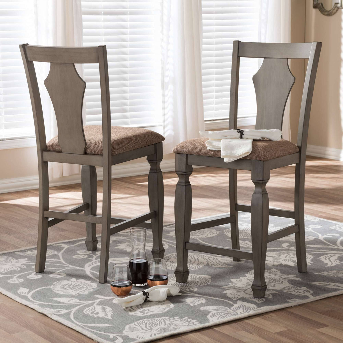 Shabby Chic Grey Fabric Counter Stool - Set of 2 W296