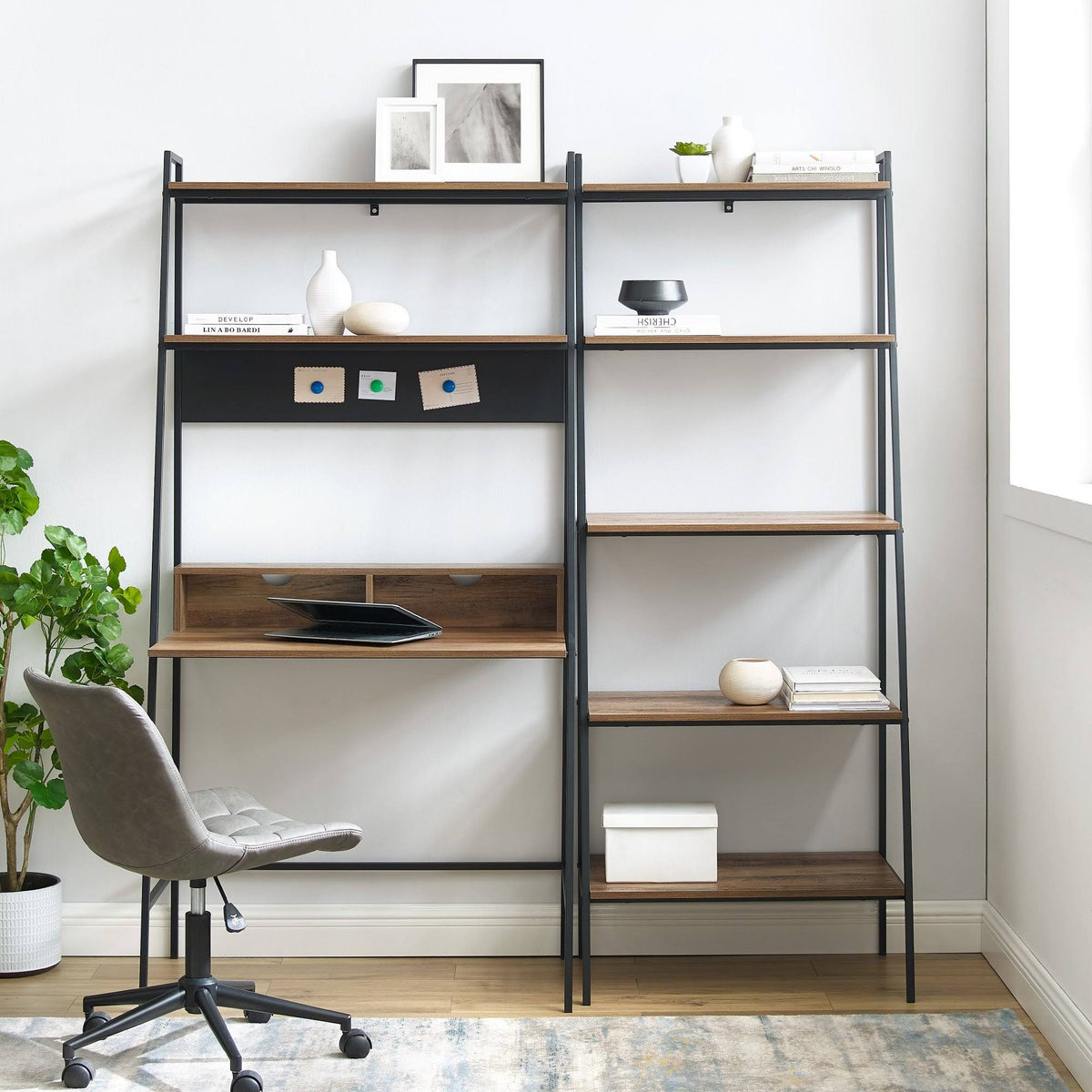 2-Piece Desk and Ladder Shelf Set - Rustic Oak N586631