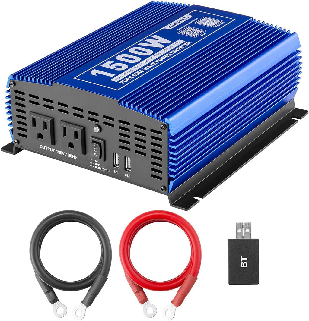 3000W Pure Sine Wave Power Inverter 12V DC to 110V AC Car Inverter with Bluetooth 4 AC Outlets 2 USB Ports E7407