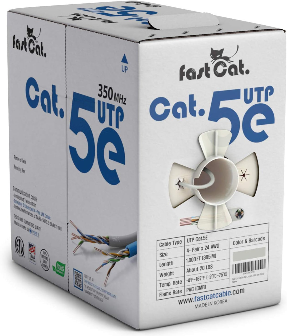 Cat5e Ethernet Cable 1000ft - 24 AWG CMR Insulated Bare Copper Wire UTP LAN Cable O362707