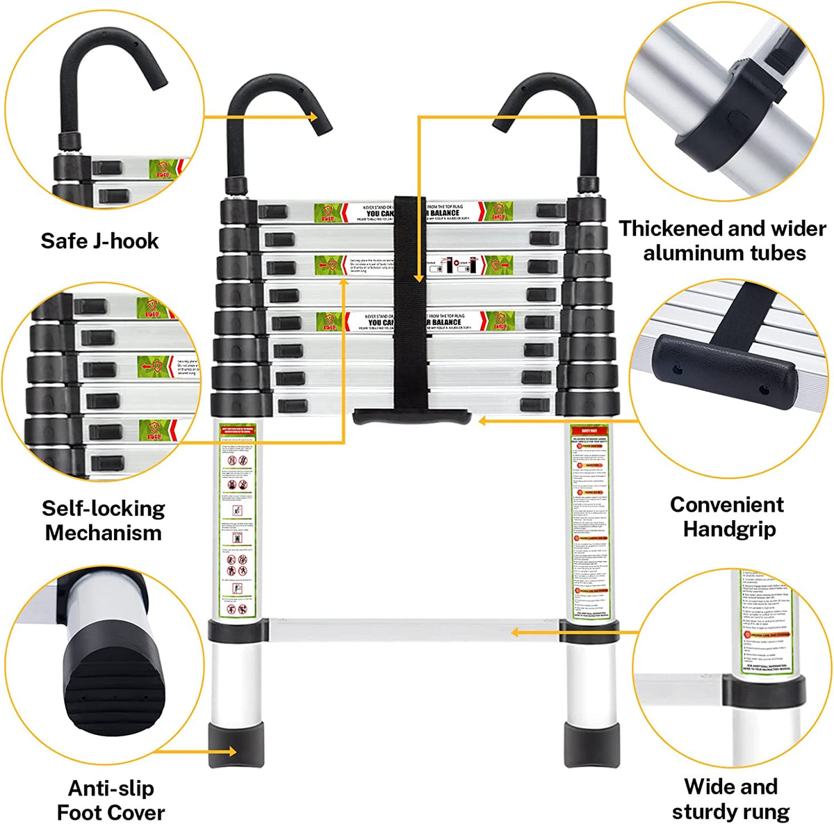 8.5FT Aluminum Telescoping Ladder with Non-Slip Feet, 330lb Capacity T4657