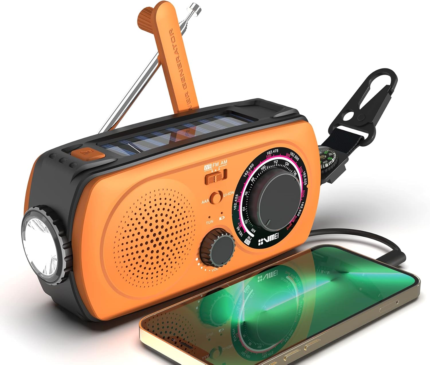 2200mAh Portable Hand Crank Solar Emergency Weather Radio, NOAA/AM/FM, Power Bank, Flashlight, Orange, Pack of 2 G471342