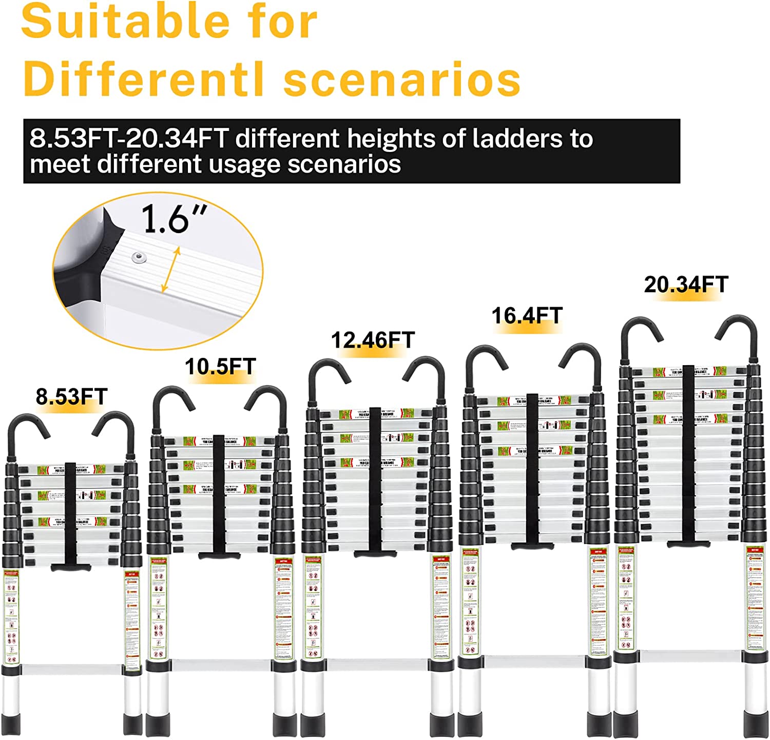 8.5FT Aluminum Telescoping Ladder with Non-Slip Feet, 330lb Capacity T4657